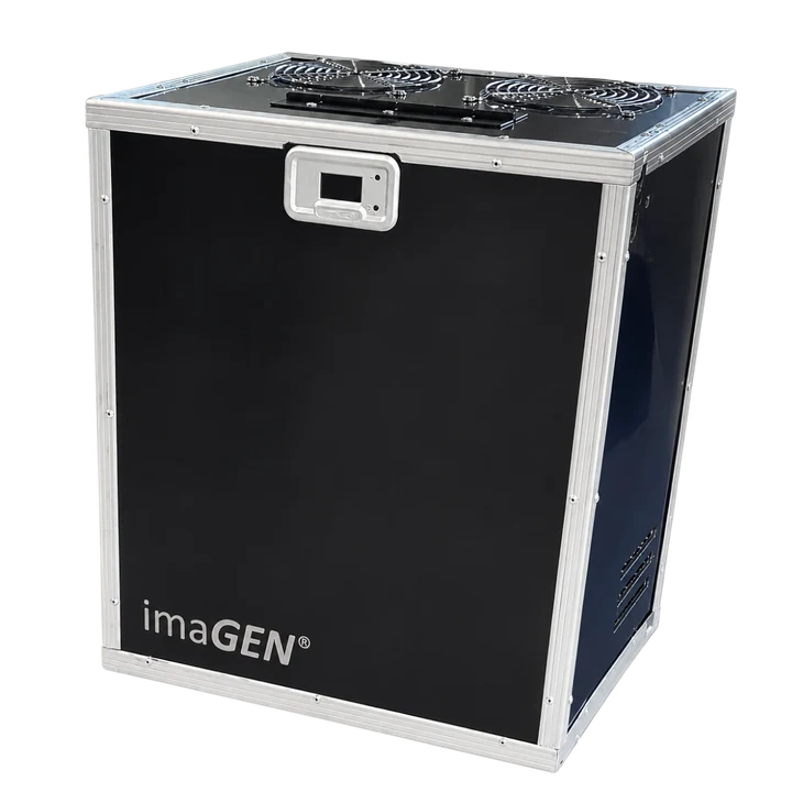 An imaGEN MH10 unit: a ruggedized black case on an aluminum frame, with a latched control panel on the front and cooling fans across the top deck.